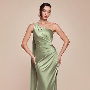 NEW FORMAL SHEATH SATIN DRESS W/ WRAP HALTER NECK LEG SLIT & ZIPPER BACK CD 7454